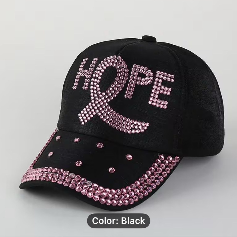 1-Cancer Awareness Black Cap with Pink HOPE Rhinestones oversized caption